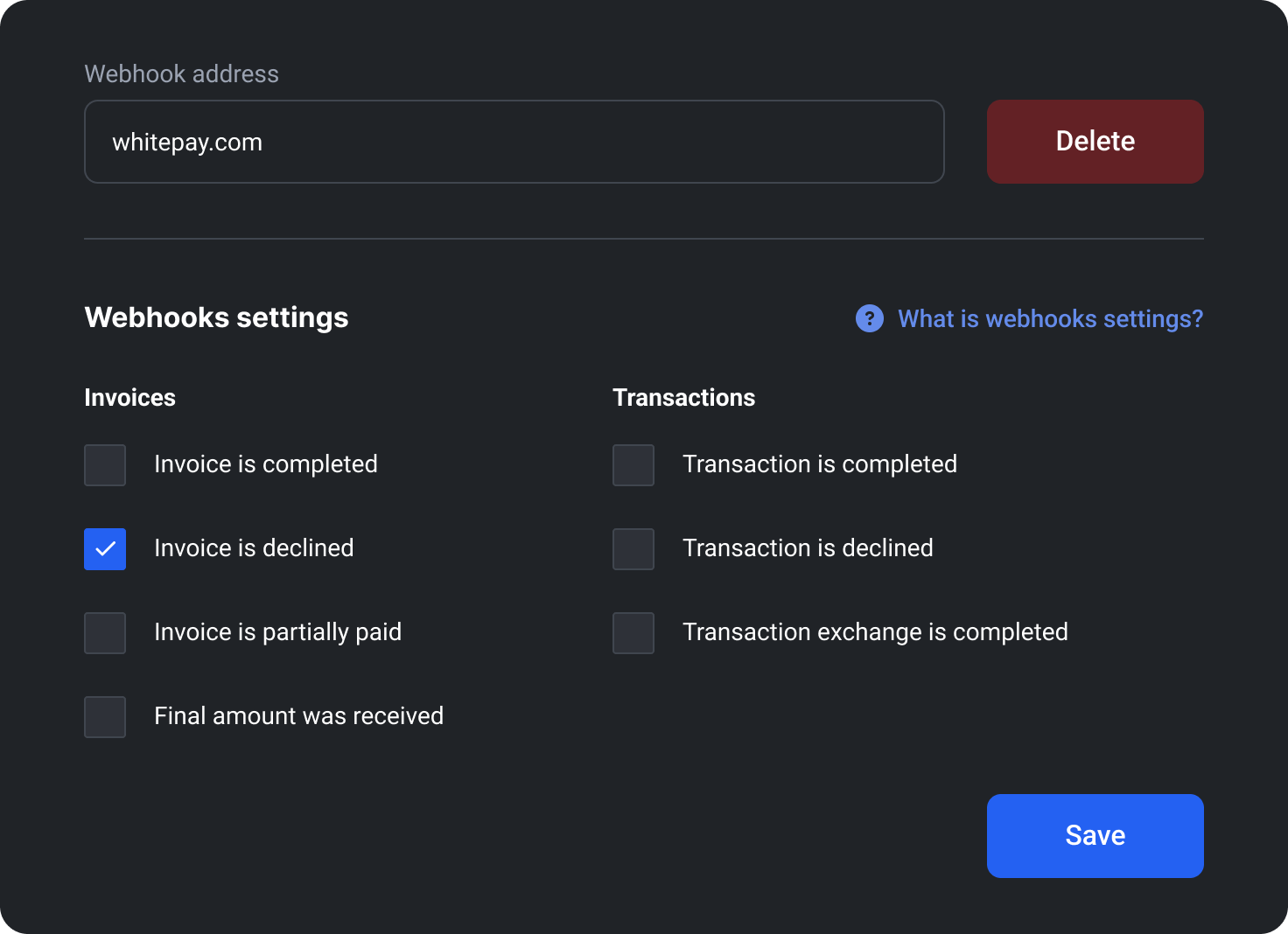 Payment page webhook settings